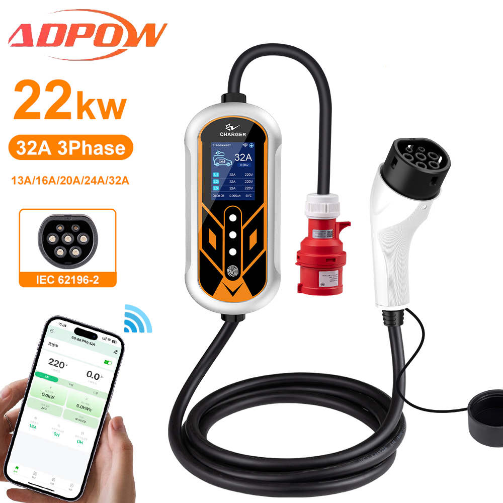 ADPOW المحمولة 32A Type2 شواحن - مراجعة Portable Ev Charger 32A Type 2 Cee Plug وسعره